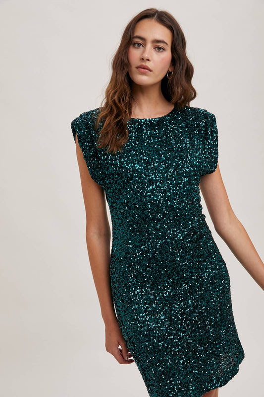 PADDED SHOULDER SEQUIN DRESS