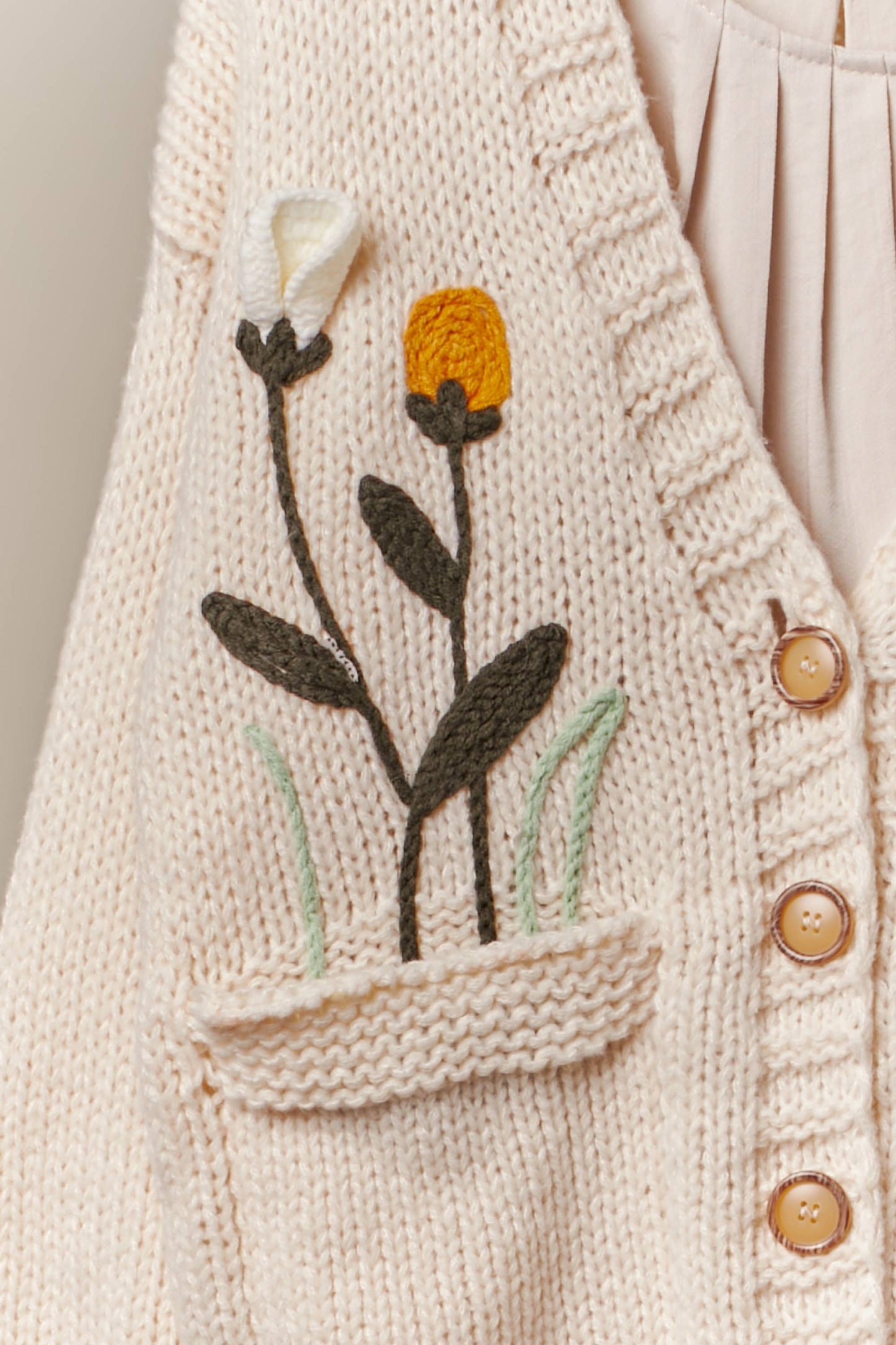 Flower Embroidered Knit Cardigan: Cream