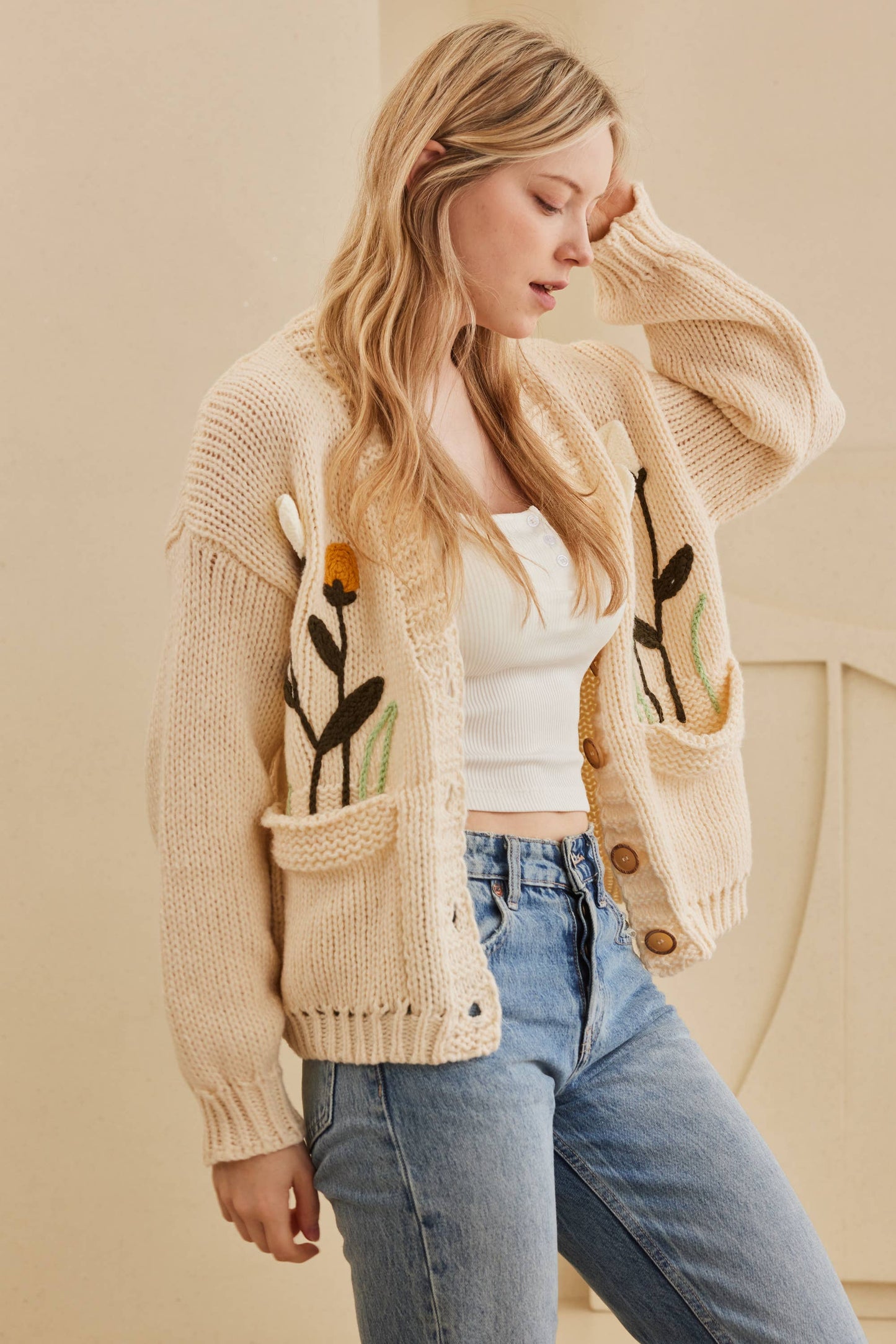 Flower Embroidered Knit Cardigan: Cream