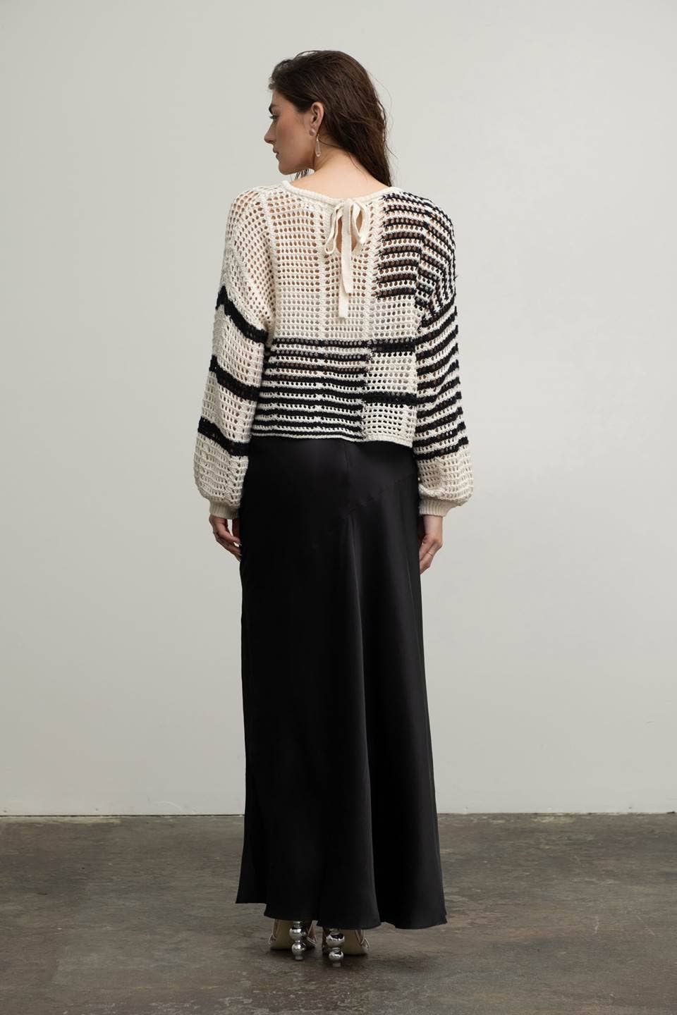 STRIPE COLORBLOCK CROCHET SHEER KNIT SWEATER