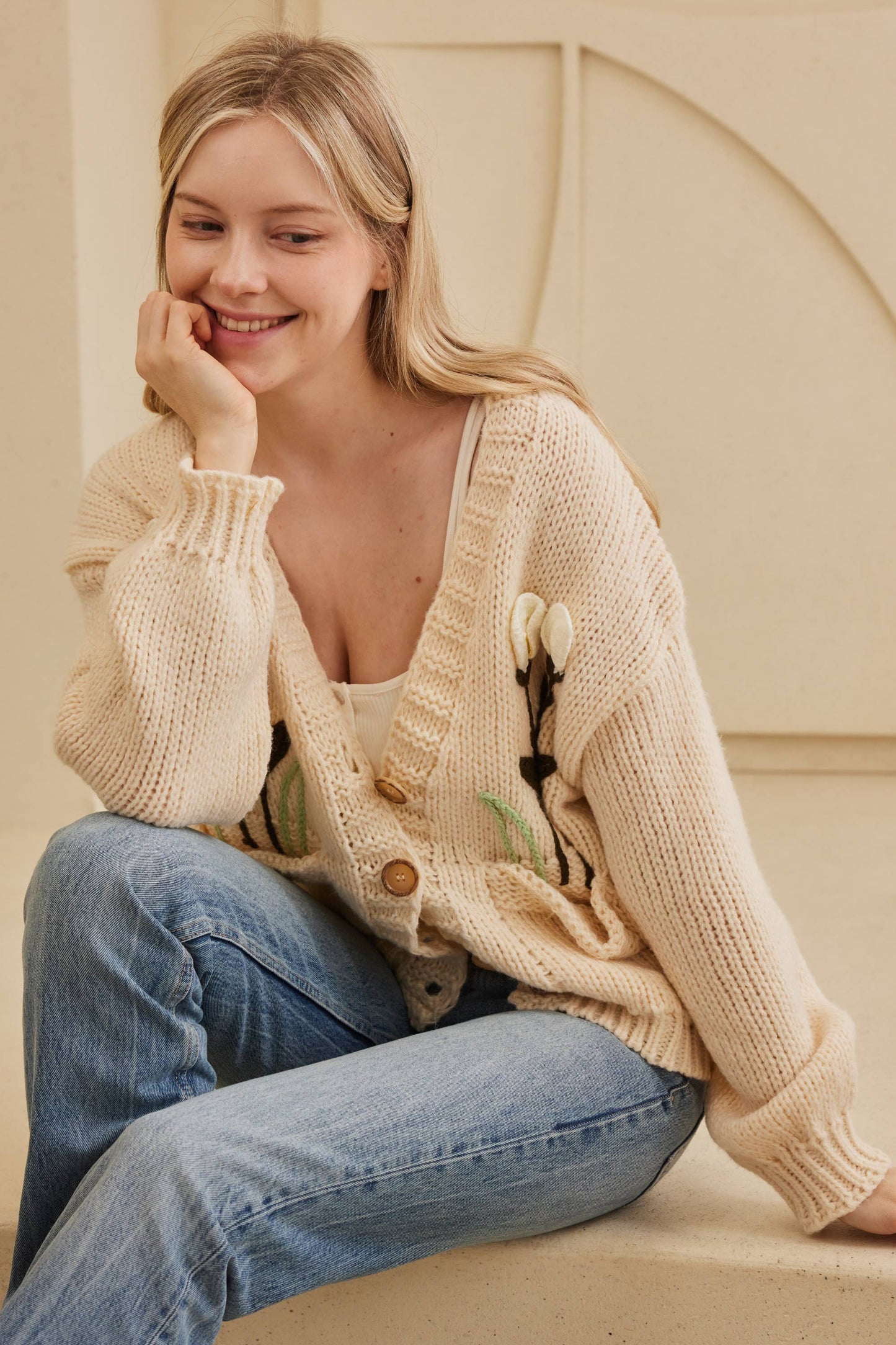 Flower Embroidered Knit Cardigan: Cream