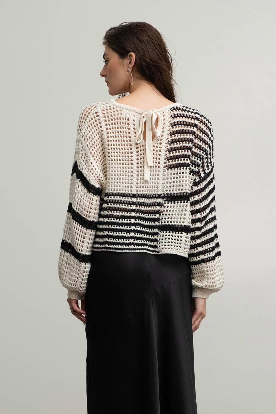 STRIPE COLORBLOCK CROCHET SHEER KNIT SWEATER