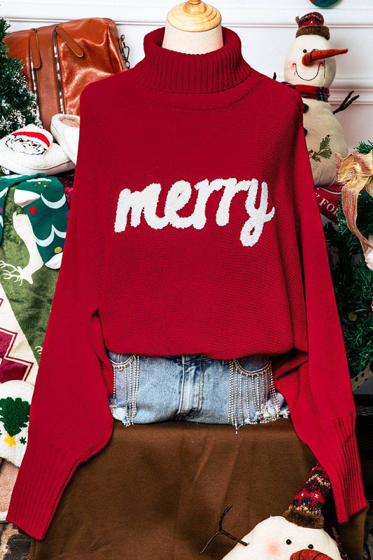 Merry Embroidered High Neck Christmas Sweater