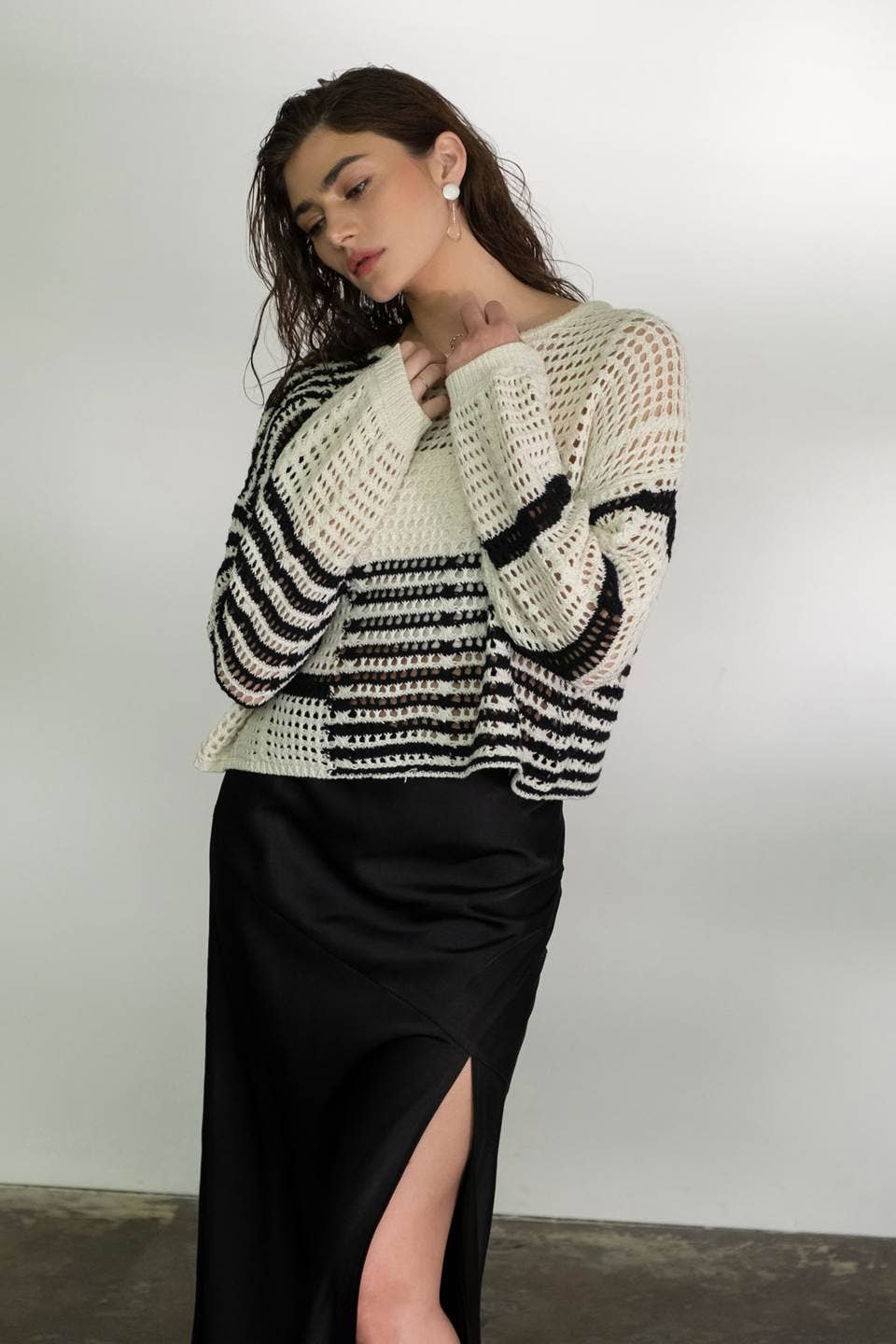 STRIPE COLORBLOCK CROCHET SHEER KNIT SWEATER