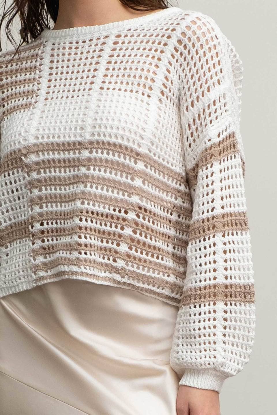 STRIPE COLORBLOCK CROCHET SHEER KNIT SWEATER