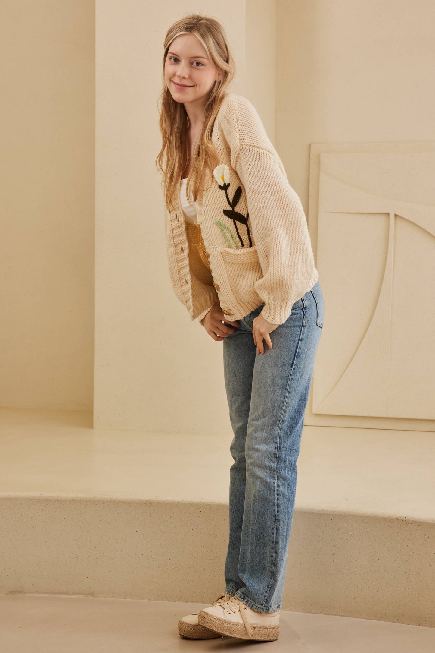 Flower Embroidered Knit Cardigan: Cream