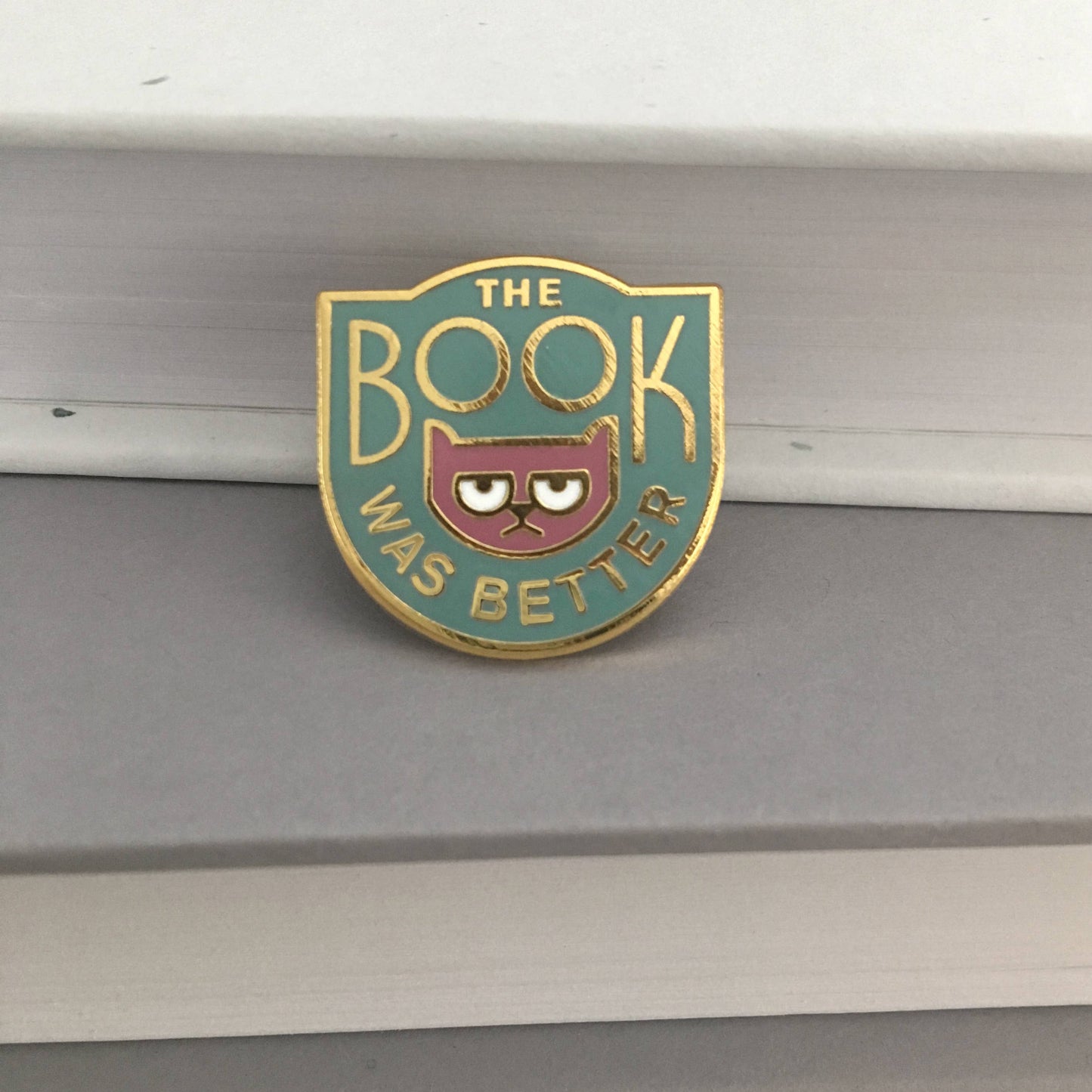 The Book Was Better enamel pin - book snob cat pin: Gold/teal/maroon