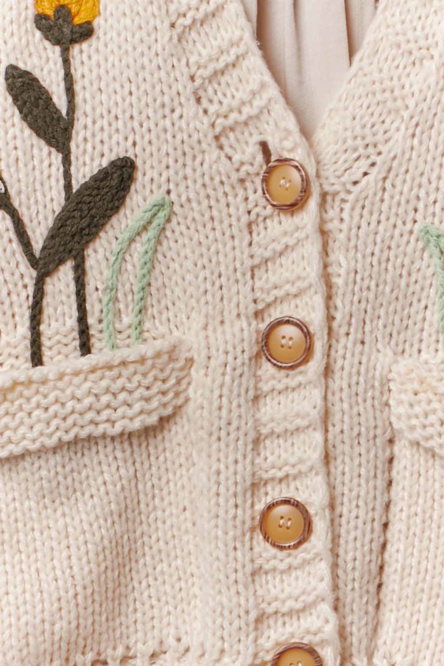 Flower Embroidered Knit Cardigan: Cream