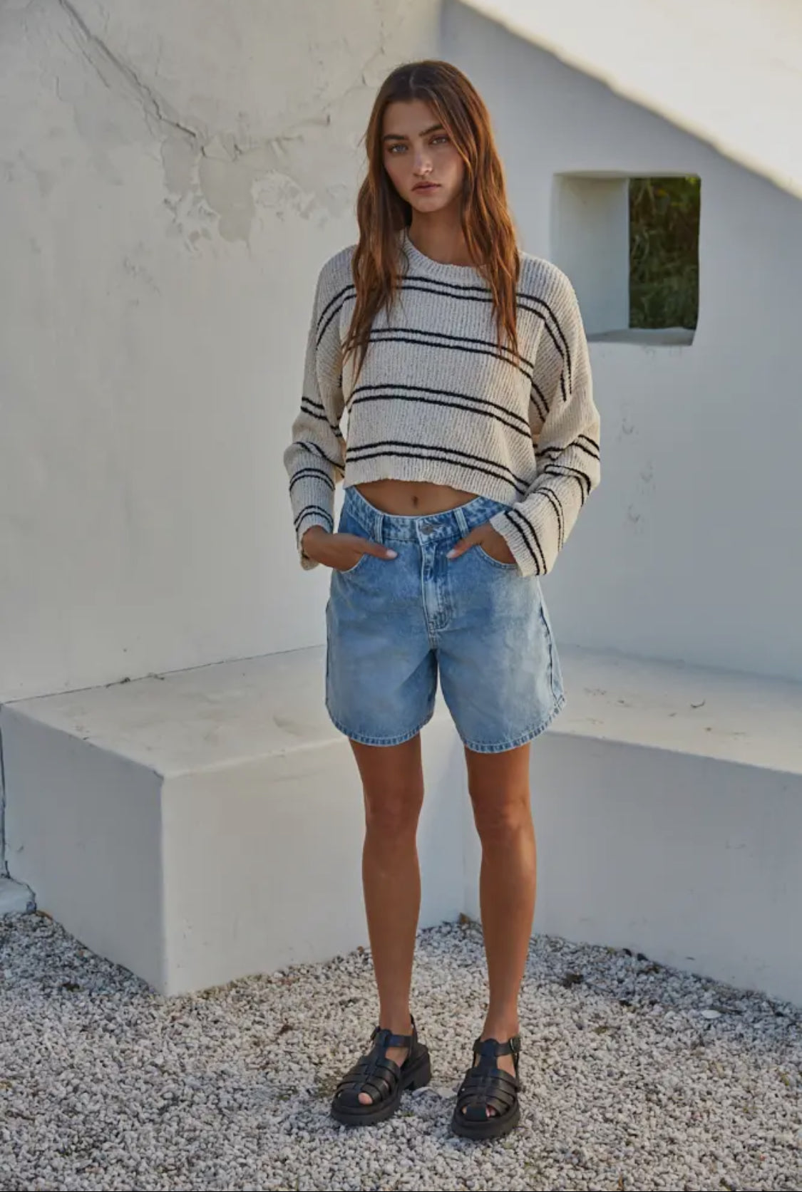 Double Striped Poly Crop Sweater
