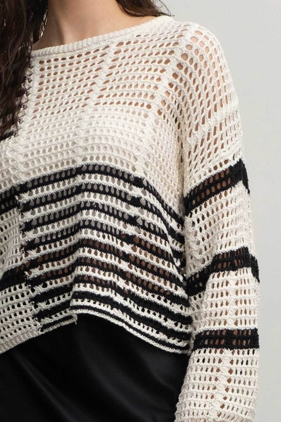 STRIPE COLORBLOCK CROCHET SHEER KNIT SWEATER