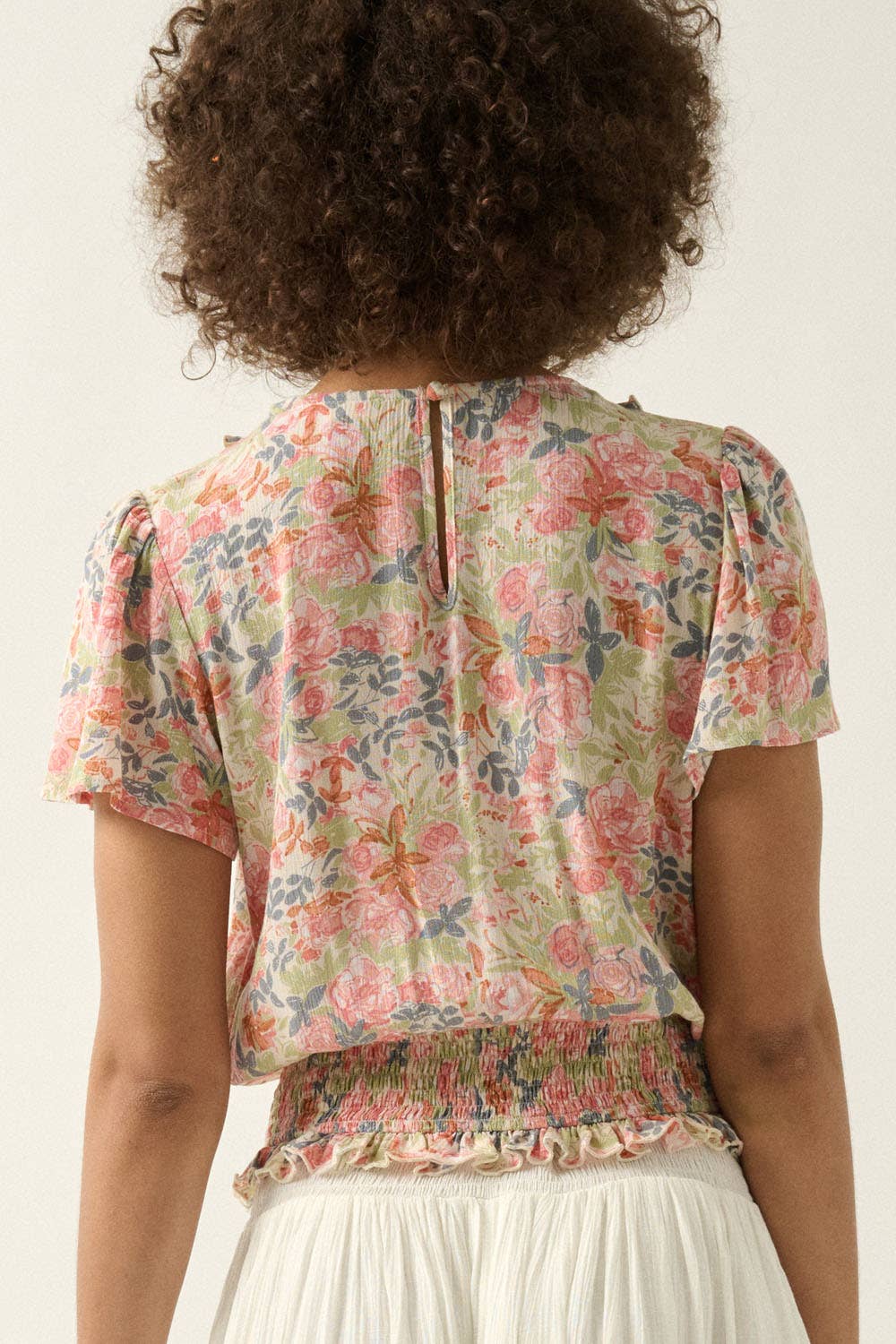 Floral Crepe V Neck Ruffle Trim Top