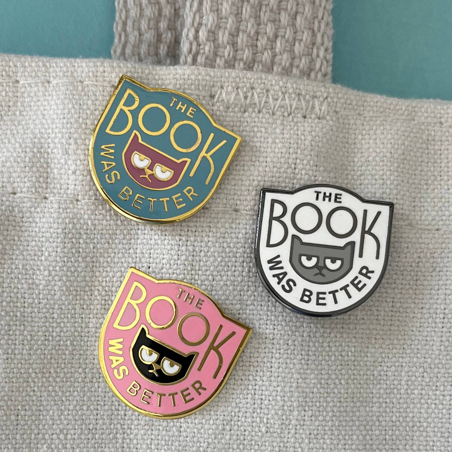 The Book Was Better enamel pin - book snob cat pin: Gold/teal/maroon