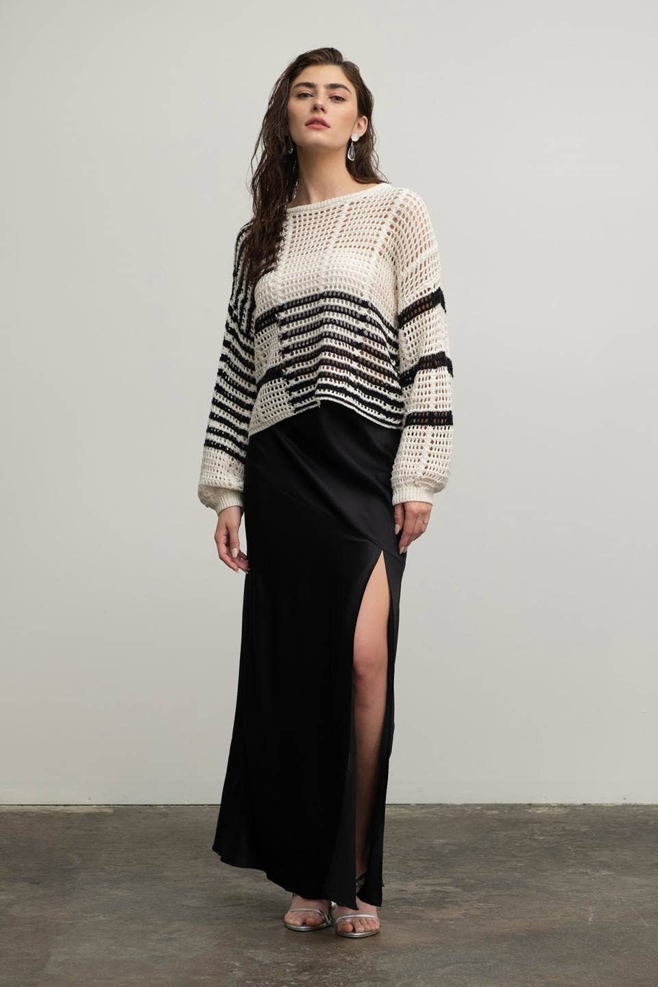 STRIPE COLORBLOCK CROCHET SHEER KNIT SWEATER