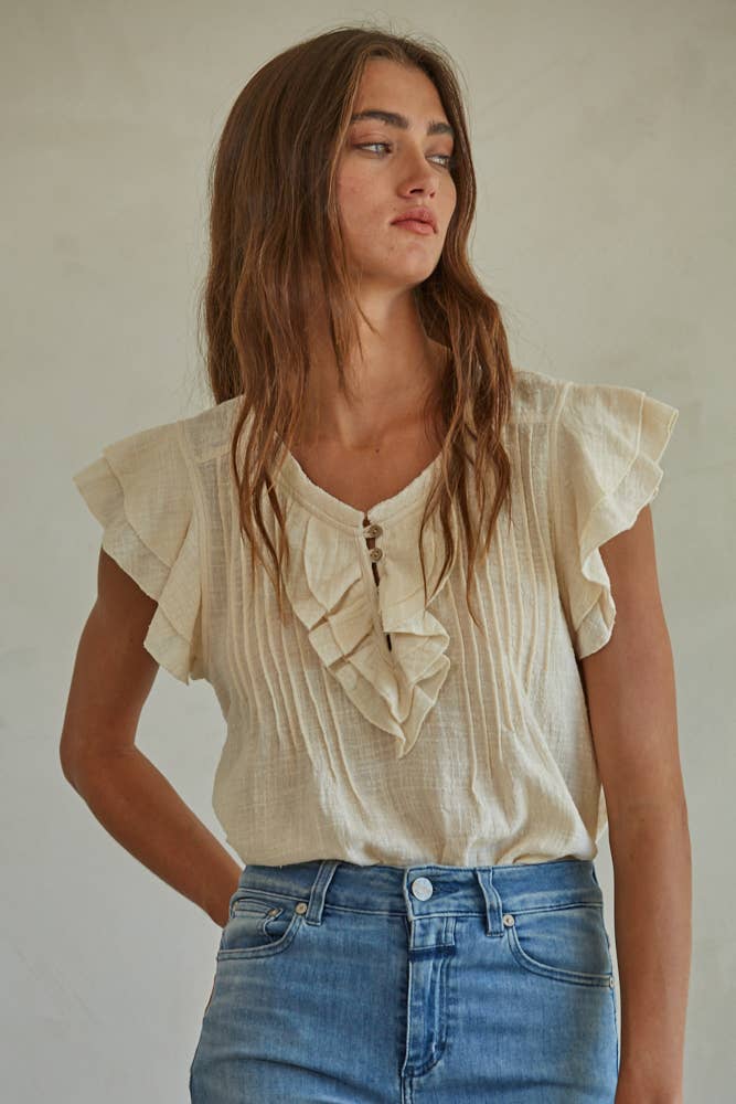 Woven Cotton Linen Button V-Neck Short Sleeve Top