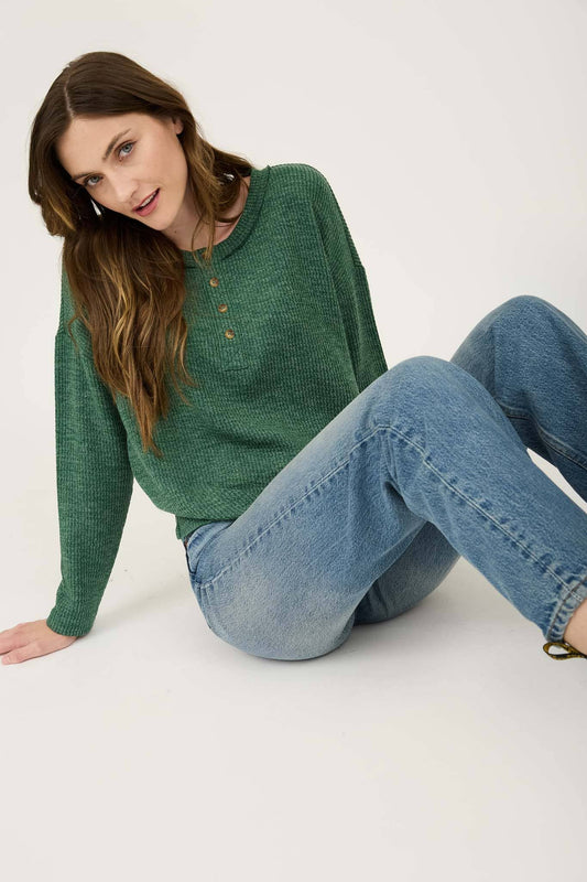 GREEN WAFFLE KNIT HENLEY