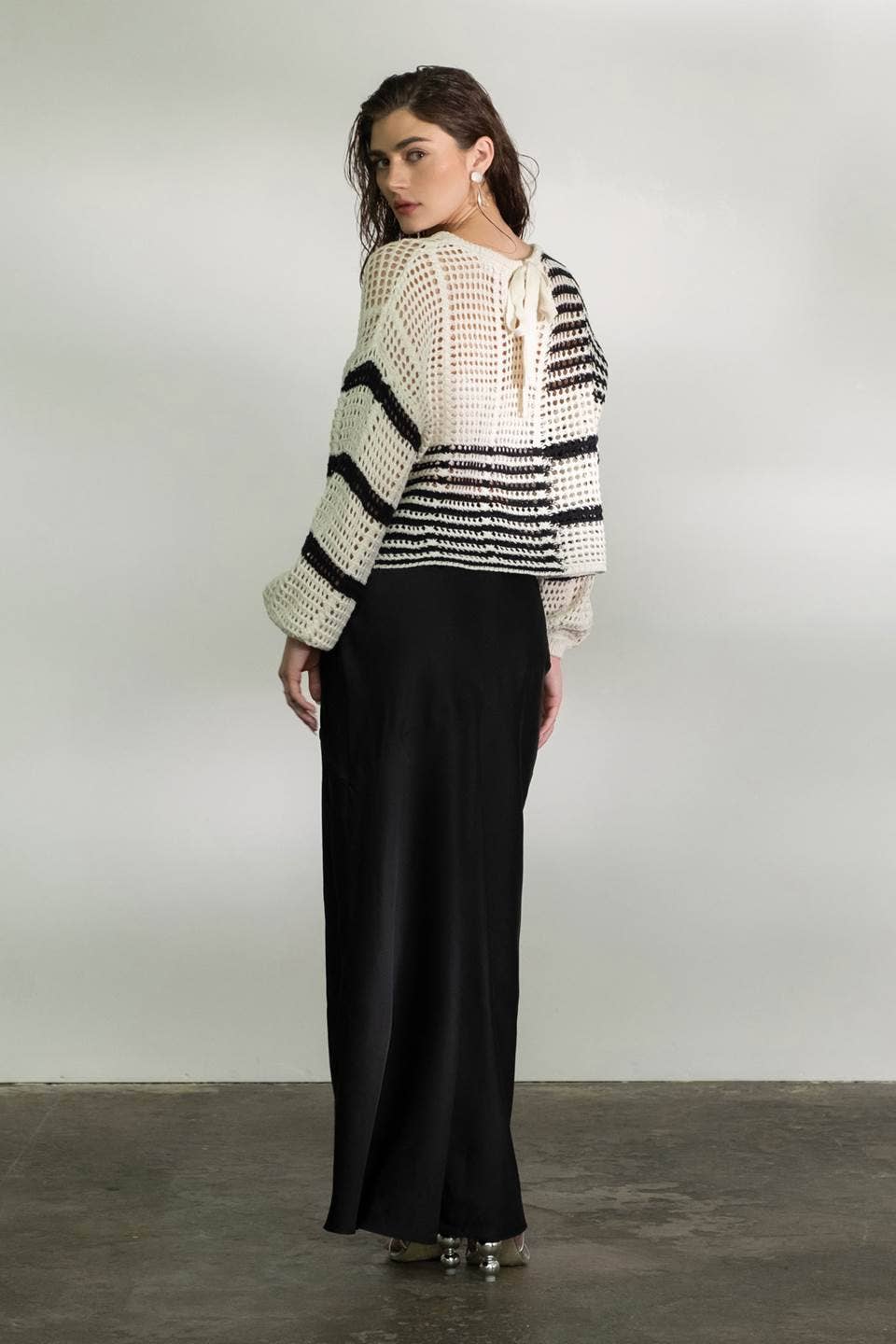 STRIPE COLORBLOCK CROCHET SHEER KNIT SWEATER