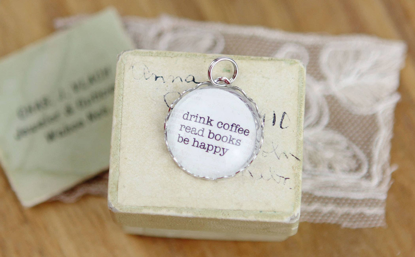 Drink Coffee Read Books Library Literary Round Charm: Lace Edge