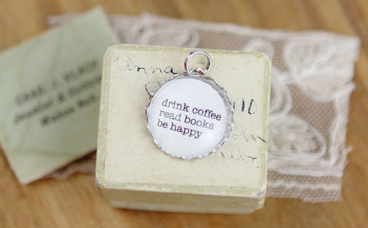 Drink Coffee Read Books Library Literary Round Charm: Lace Edge